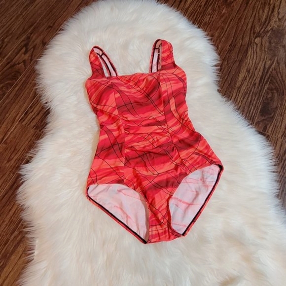 Byron Bay Australia Red Orange One Piece Swimsuit Coral Black Patterned Size 10 - Picture 1 of 10
